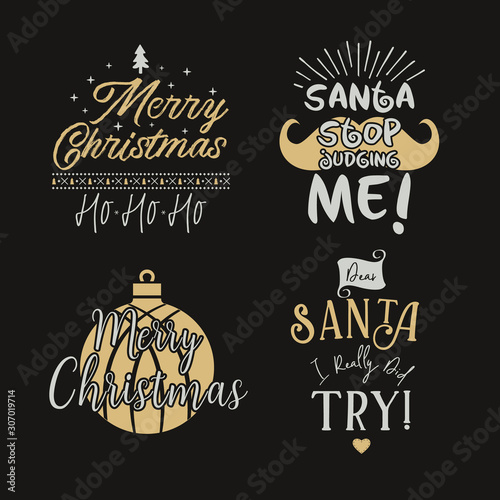 Funny Merry Christmas graphic prints set, t shirt designs for xmas party, cricuts. Holiday decor with xmas tree, santa mustache, texts wishes and ornaments. Fun typography. Stock vector.