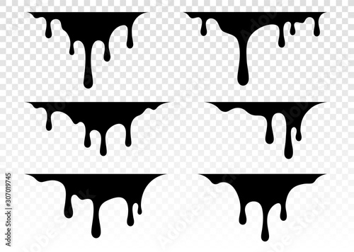 Paint dripping. Dripping liquid. Paint flows. Current paint, stains. Current drops. Current inks. Vector illustration. Color easy to edit. Transparent background.