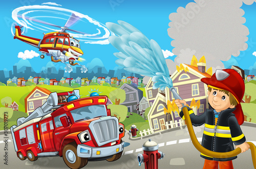 Fototapeta Naklejka Na Ścianę i Meble -  cartoon stage with different machines for firefighting colorful and cheerful scene with fireman - illustration for children