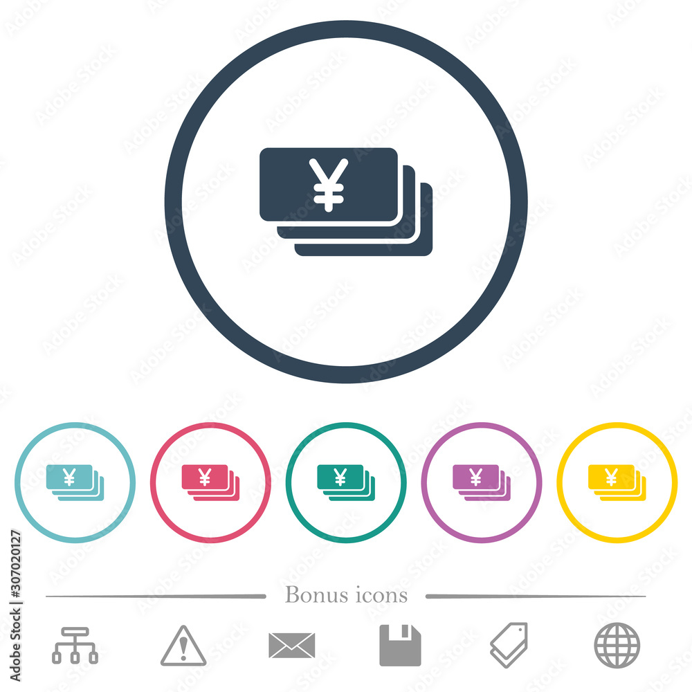 Yen banknotes flat color icons in round outlines Yen banknotes flat color icons in round outlines