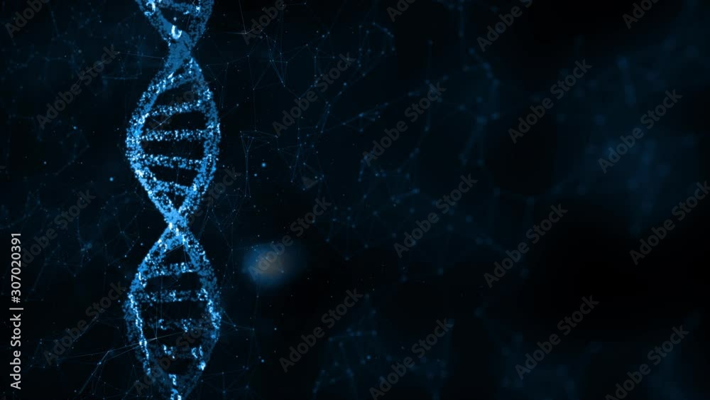 Artistic digital dna molecule rotation on black copy space animation background.