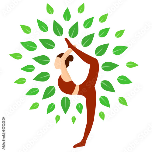 Yoga, dance pose. Vector illustration. Natarajasana or pose of the king of dancers. Isolated silhouette of a woman in the pose of the Lord of the dance shrouded in green leaves. Tree of life, yoga. 
