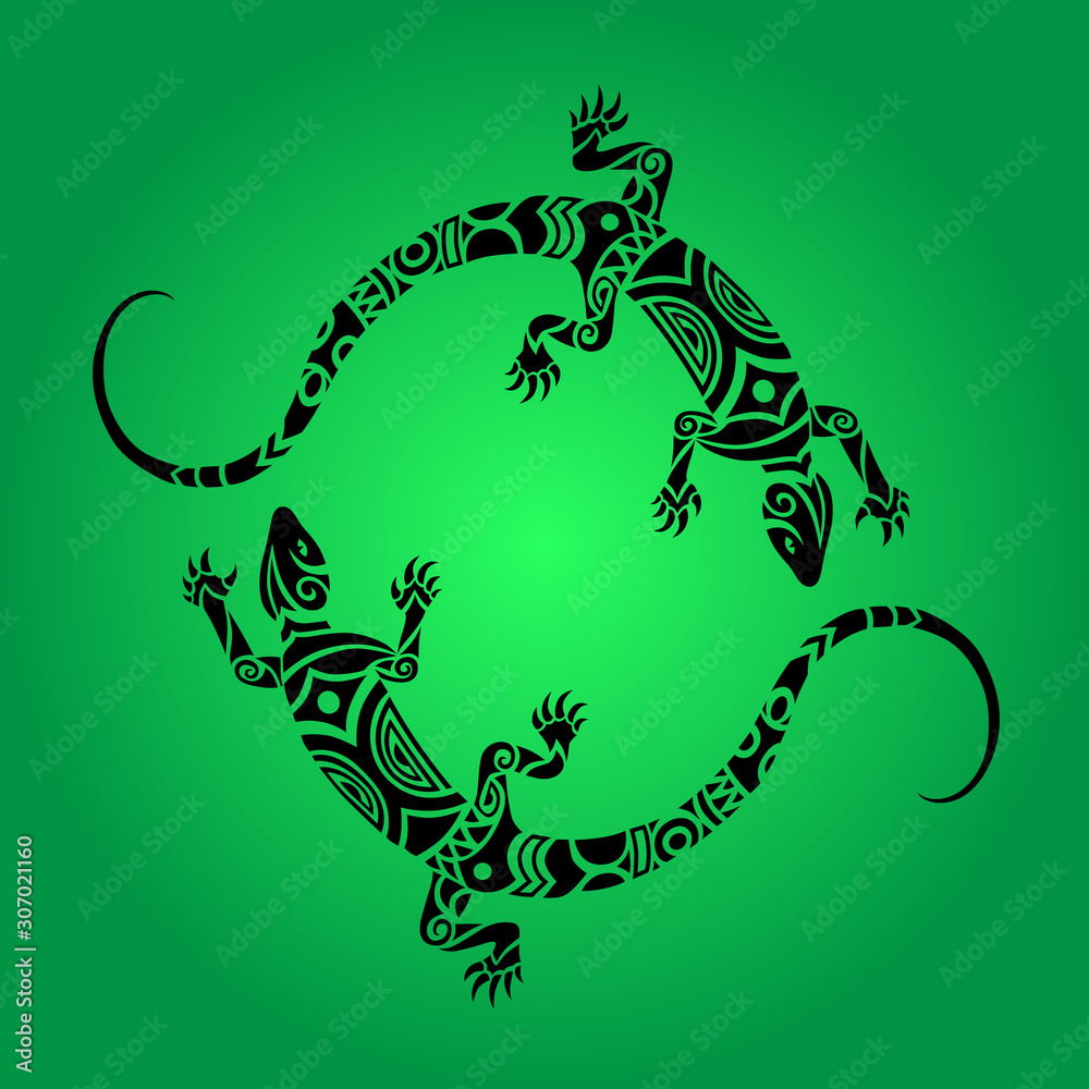 Fototapeta premium Lizards Maori style. Logo, emblem. Round, circle. Black on green background