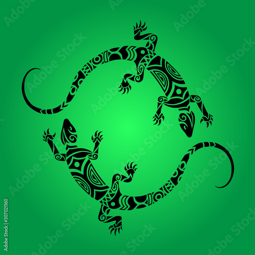 Lizards Maori style. Logo, emblem. Round, circle. Black on green background