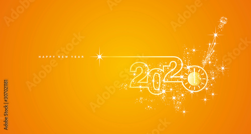 New Year 2020 line design clock countdown with sparkle firework white orange yellow greeting card