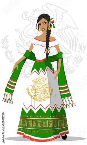 Girl with beautiful Mexican dress, representing the Mexican Independence festivities. Articulated doll
