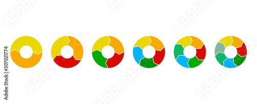 Circular infographics. Pie charts with 2, 3, 4, 5, 6, 7, 8, 9, 10 steps, options, parts with arrows. Vector business templates in blue and yellow for presentation.