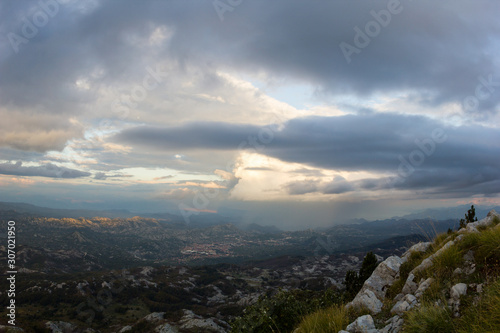Mountain view to Cetinje city in Lovcen national park at sunset  Montenegro