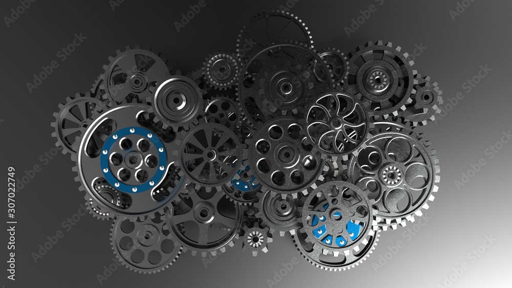 Mechanism, black metallic gears and cogs at work on balck background. Industrial machinery. 3D illustration. 3D high quality rendering.