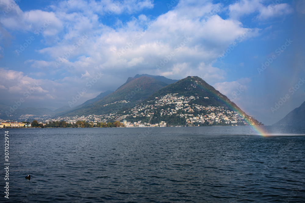 Water front with view of Lugano city and lake, Switzerland