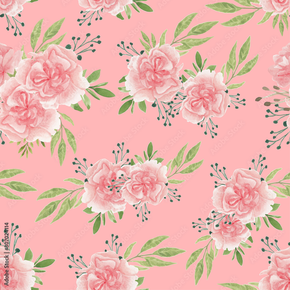 Obraz Różowy wzór z bukietem kwiatów goździków akwarela
