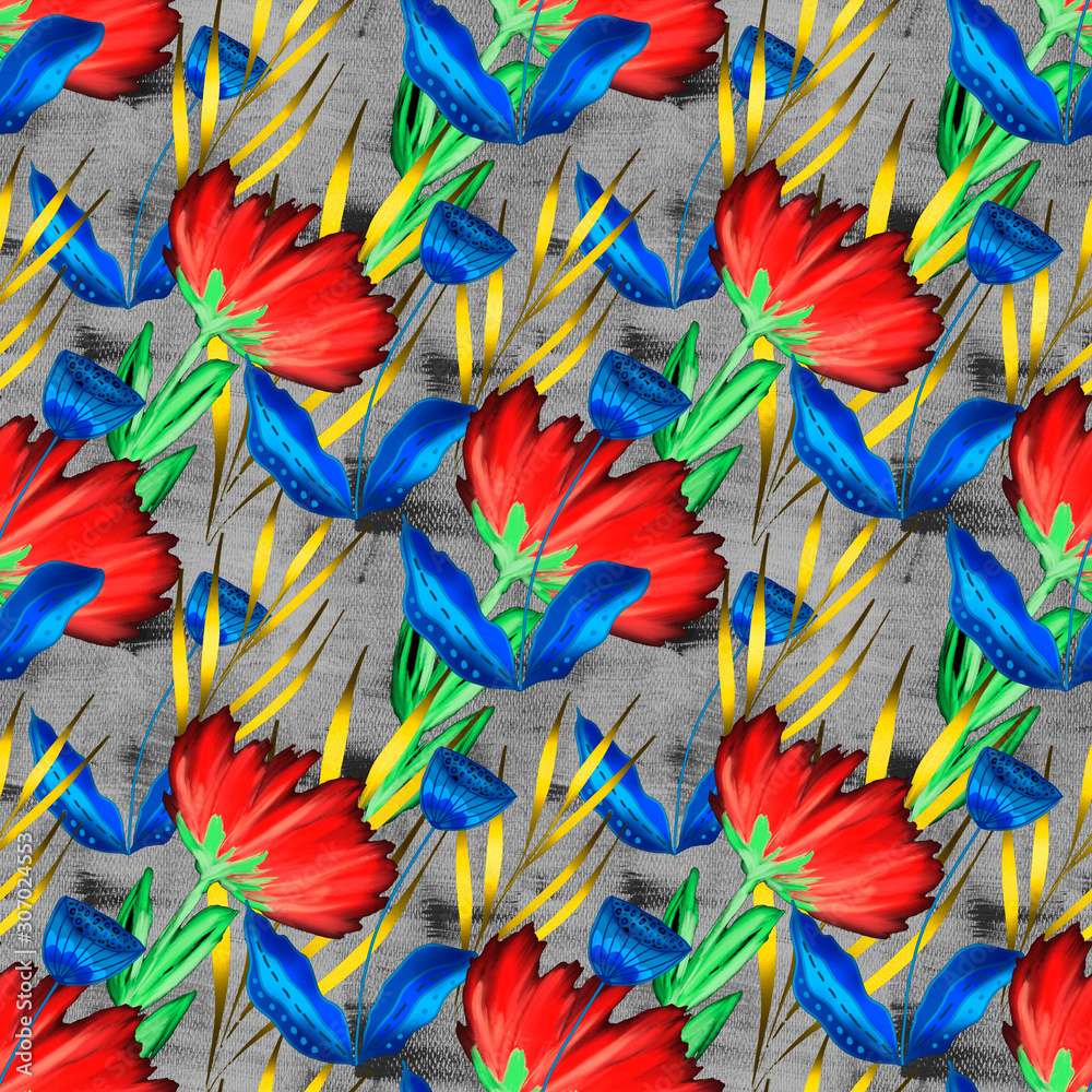 blue and red flowers drawn by hand with watercolors on a textured background of brown colors, seamless pattern blue and red flowers drawn by hand with watercolors on a textured background of brown colors, seamless pattern