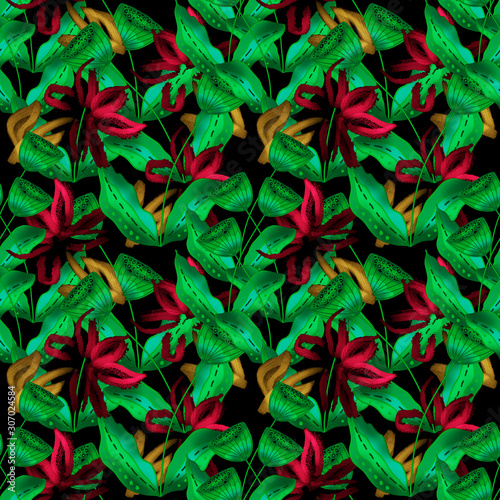 green and red flowers drawn by hand with watercolors on a dark background  seamless pattern