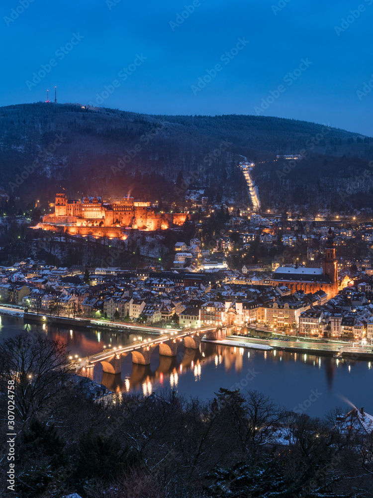 Heidelberg panoram in winter with castle and Old Bridge