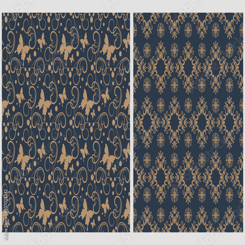 Backgrounds, pattern design. Colors: dark blue, gold. Retro style. Vector.