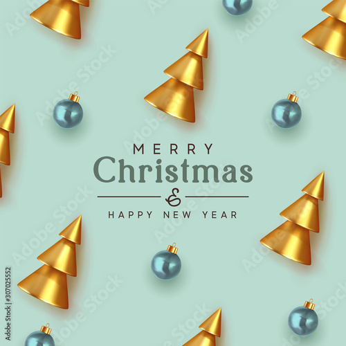Merry Christmas and Happy New Year background. Golden Christmas tree, metallic 3d cone shapes, Blue glass baubles balls. Xmas holiday pattern decorations. Festive design with Realistic objects
