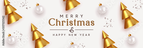 Banner Merry Christmas and Happy New Year background. Golden Christmas tree, metallic 3d cone shapes, Realistic White glass baubles balls, silver confetti. Xmas holiday pattern decorations.