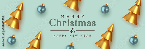 Banner Merry Christmas and Happy New Year background. Golden Christmas tree, metallic 3d cone shapes, Blue glass baubles balls. Xmas holiday pattern decorations. Festive design with Realistic objects