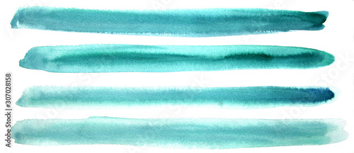 Turquoise Blue striped abstract background, variable width stripes. Watercolor hand painted horizontal line. Geometric Sea style pattern. For decoration, printing, web design, cover.