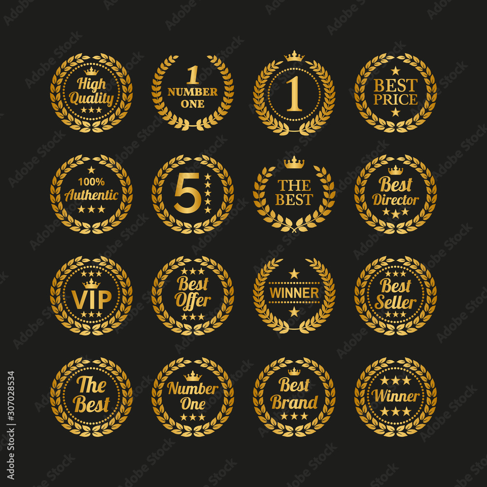 Naklejka premium Set of golden laurel wreaths on black background.