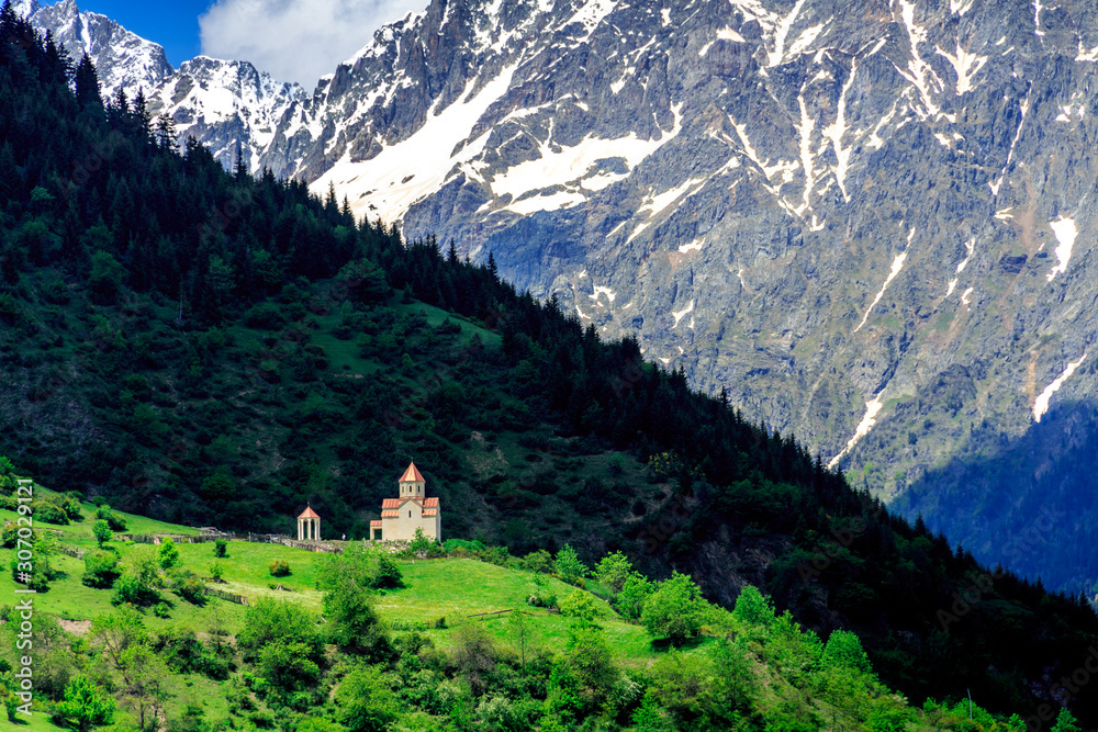 Svaneti beautiful mountains. Old church. Caucasian nature