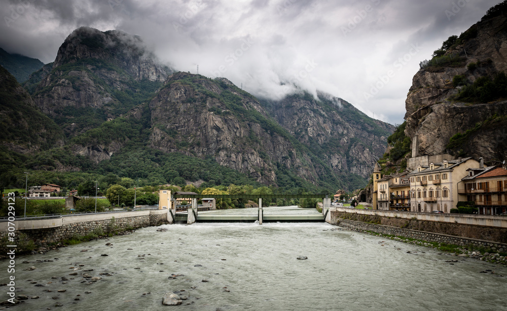the Dora Baltea river in Donnas town, Aosta Valley, Italy
