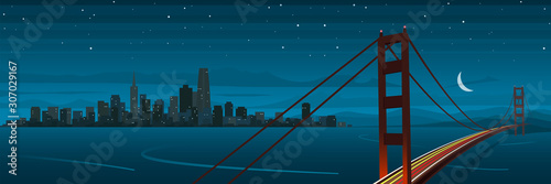 San Francisco and Golden Gate Bridge Landscape at Night Banner