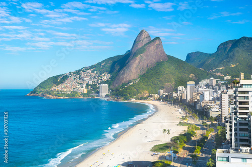 Beautiful aerial view of Ipanema and Leblon  Beach with Two Brothers Mountain (Morro Dois Irmãos) and Favela Vidigal in the background - Rio de Janeiro,Brazil photo