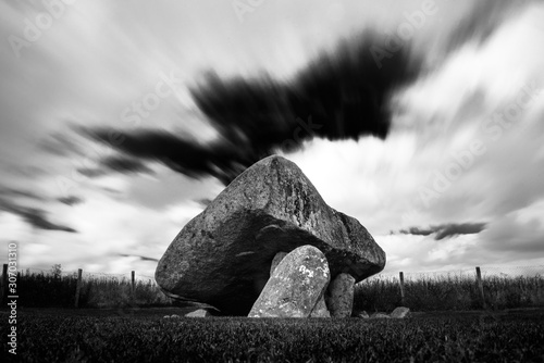 Brownshill portal tomb in black and white photo