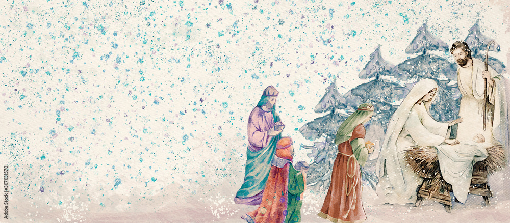 Nativity scene with three wise men .Merry Christmas watercolor background - obrazy, fototapety, plakaty 