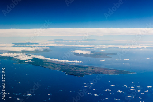 Aerial view looking at the Hawaiian Islands from an airplane
