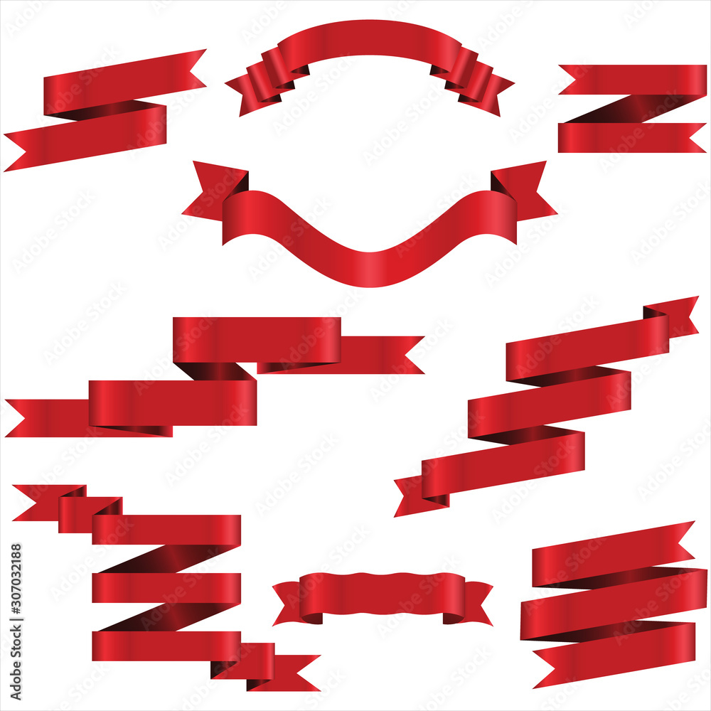Red Ribbon Set In Isolated For Celebration And Winner Award Banner White Background Red Ribbon Set In Isolated For Celebration And Winner Award Banner White Background