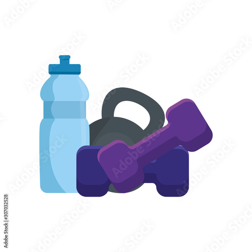 set of dumbbell equipment gym with bottle water vector illustration design