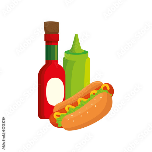 set of delicious sauces with hot dog isolated icon vector illustration design