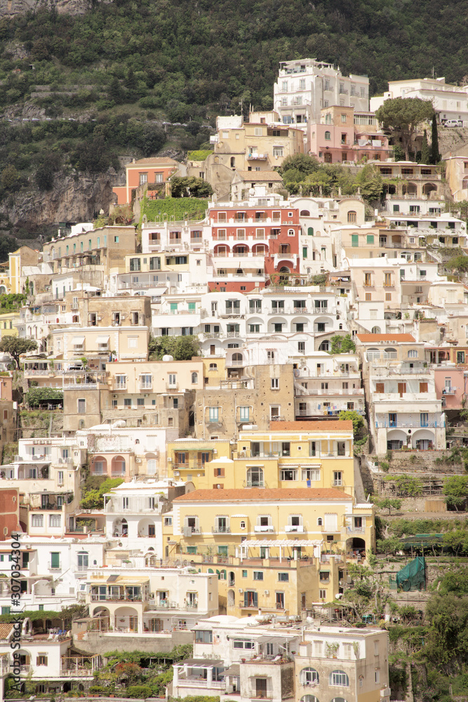 architecture in the old beautiful italian coastal town of positano where all the building are built onto going up the cliff face.
