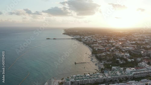 Circling Around Resort Town Near Cozumel, Mexico, at Sunset - 4k Aerial Video