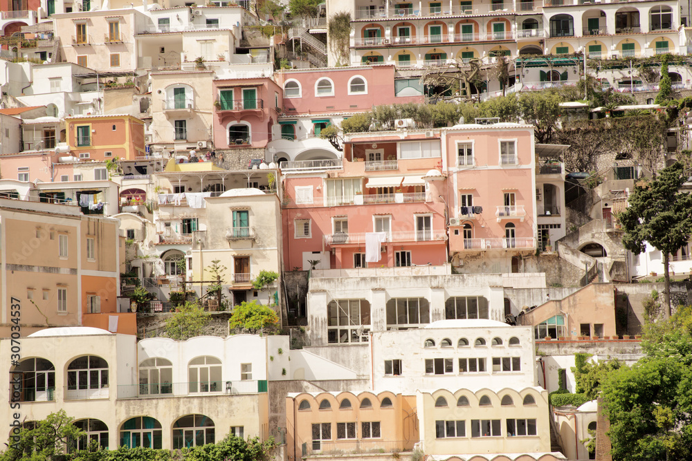 architecture in the old beautiful italian coastal town of positano where all the building are built onto going up the cliff face.