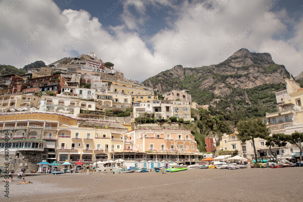 architecture in the old beautiful italian coastal town of positano where all the building are built onto going up the cliff face.