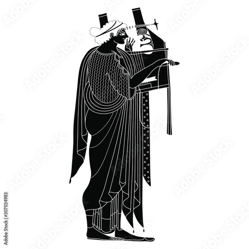 Ancient Greek god of arts Apollo playing the lyre. Black and white linear silhouette. Vase painting style.	
