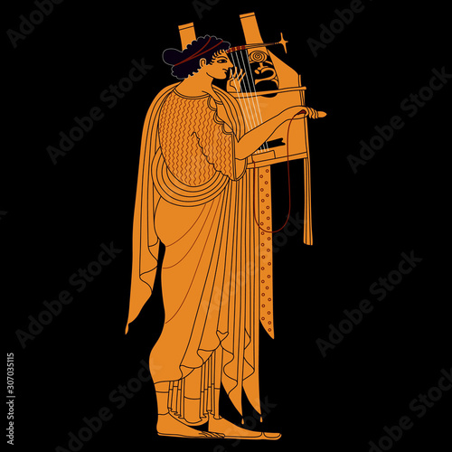 Ancient Greek, god Apollo playing the lyre. Vase painting style.