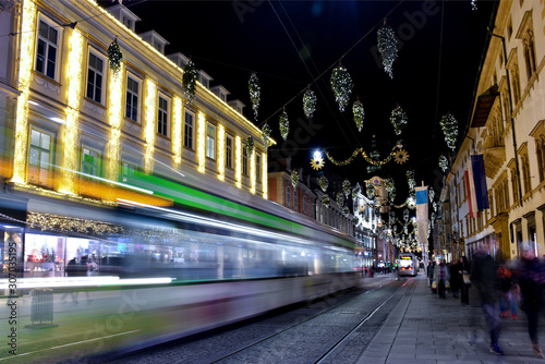 Beautiful Christmas decorations on Herrengasse street  at night  in the city center of Graz  Styria region  Austria