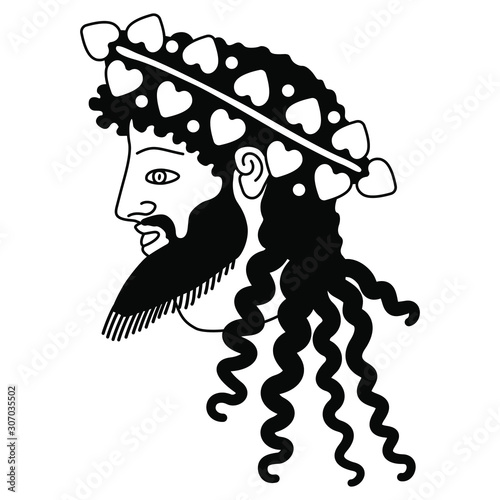 Head of ancient Greek god of wine Dionysus. Black and white silhouette.
