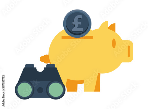 piggy savings with sterling pound and binoculars