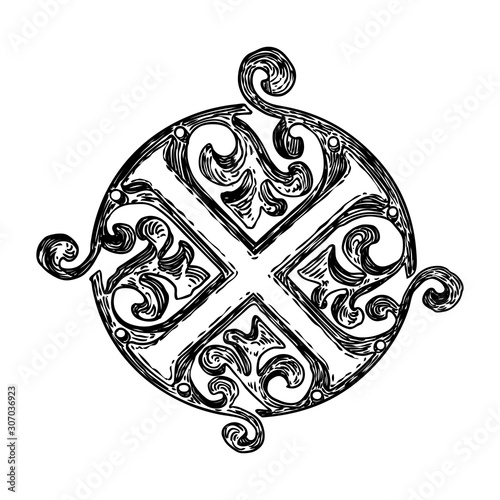 Ancient vintage style floral circular design element. Flower rosette drawing for printing. Fashion pattern in black white for textile backgrounds. Vector.