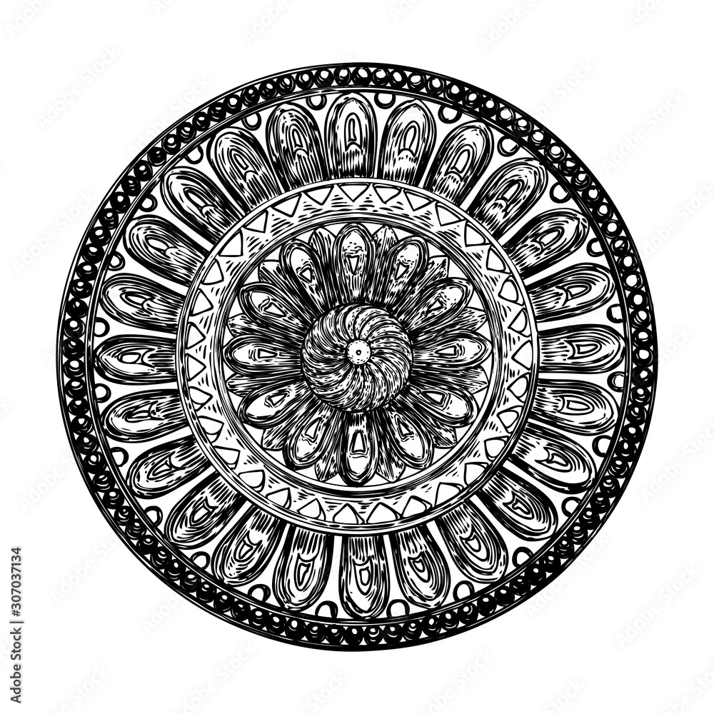 Ancient vintage style floral circular design element. Flower rosette drawing for printing. Fashion pattern in black white for textile backgrounds. Vector.