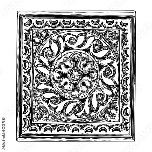 Drawing of rhombus or square shape baroque design marble stone elements. Vintage patch for scarf, print, fabric and dress. Vector.