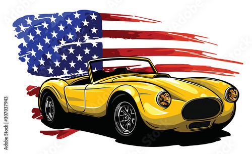 Vector badge executed in retro print style with colors misregistration effect on the background of American symbolism.