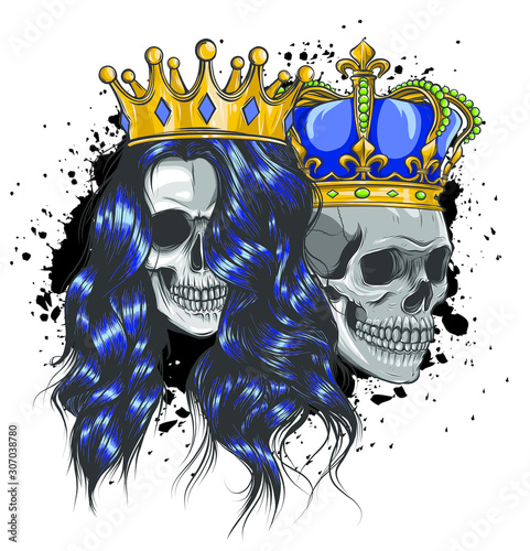 tattoo of King and queen of death. Portrait of a skull with a crown.