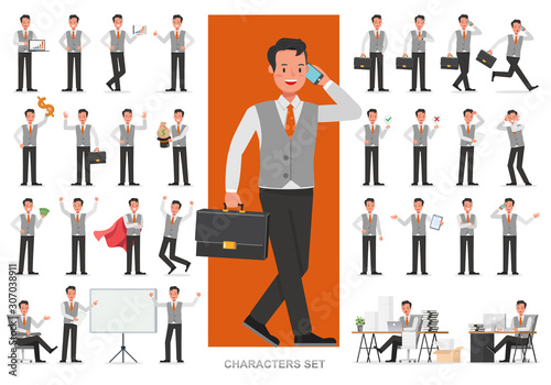 Set of business people working character vector design. Presentation in various action with emotions, running, standing and walking. Create your own pose design.