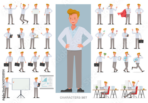 Set of business people working character vector design. Presentation in various action with emotions, running, standing and walking. Create your own pose design. no4